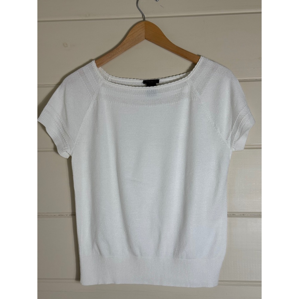Ann Taylor Factory Sweater Square Neck Pointelle Knit Rayon Nylon White M